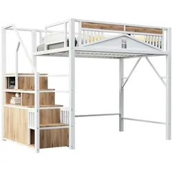 Metall-Hochbett 140x200 cm mit Stauraum, Sicherheitsgeländer, Fensterdesign, integrierten Schränken, Treppen mit Stauraum, platzsparend, Weiß