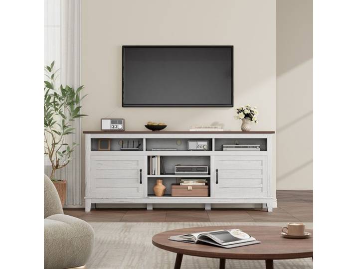 Meuble TV Rustique 180 cm Banc TV Blanc et Marron avec Étagères Réglables et Portes de Placard Rangement Salon