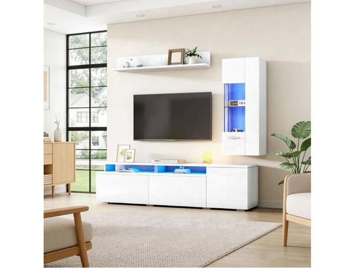 MEUBLIV Ensemble meuble TV mural 3 pièces LED blanc brillant meuble TV 180 cm avec vitrine et étagère