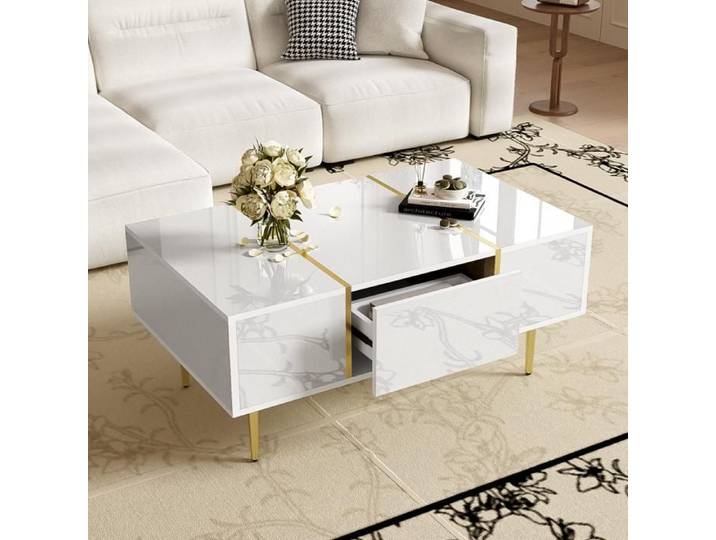 Table Basse Moderne Blanche Brillante avec 2 Tiroirs Table de Salon Élégante - Merax