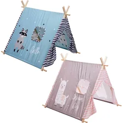Kinderzelt Spielzelt für Spielecke - Blau & Rosa - Lama & Waschbär - 1x1x1 m