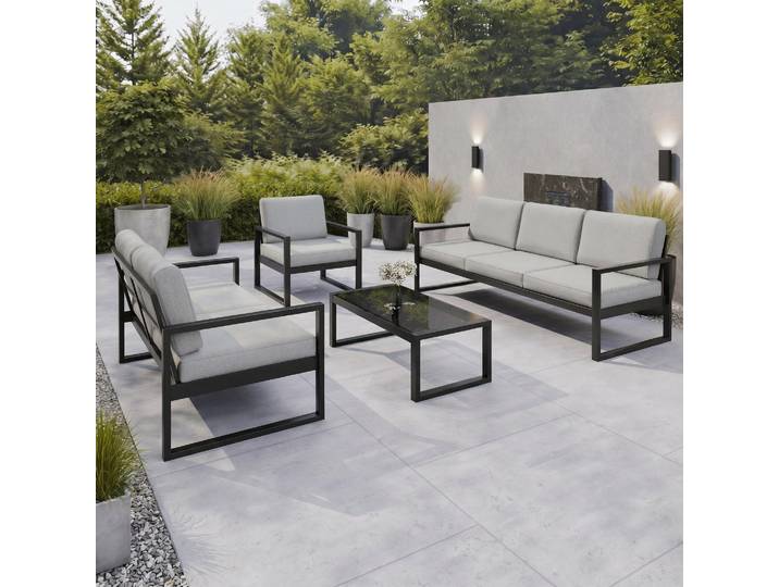 BEAUTYSOFA Gartenmöbel-Set STELLA, Gartenmöbel Set Balkon Terrasse Gartenlounge-Set für 6 Personen, Sofas, Sessel & Tisch Wasserabweisend Stoff Grau