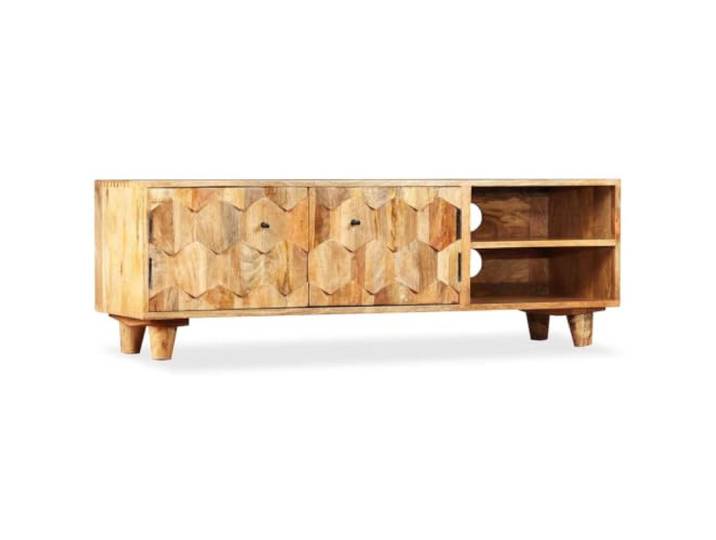 KGFHERENB TV-Schrank Mangoholz Massiv Lowboard Braun 118x35x40 cm Robuste Ablagen für Multimediageräte im Wohnzimmer, handgefertigte Holzmaserung mit polierter Oberfläche.
