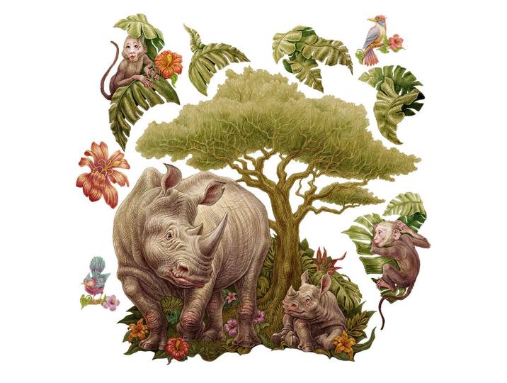 Wallfluent Wandaufkleber 80x86cm - Wildtiersafari, Mehrfarbig, Kunststoff, Rechteckig, 80x86x0.1 cm, Tapeten & Wandverkleidungen, Wandtattoos & Sticker, Wandtattoos