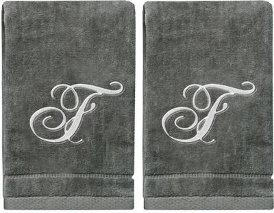 Creative Labs Soft Velour Silver Monogrammed Towels Fingertip - Set of 2