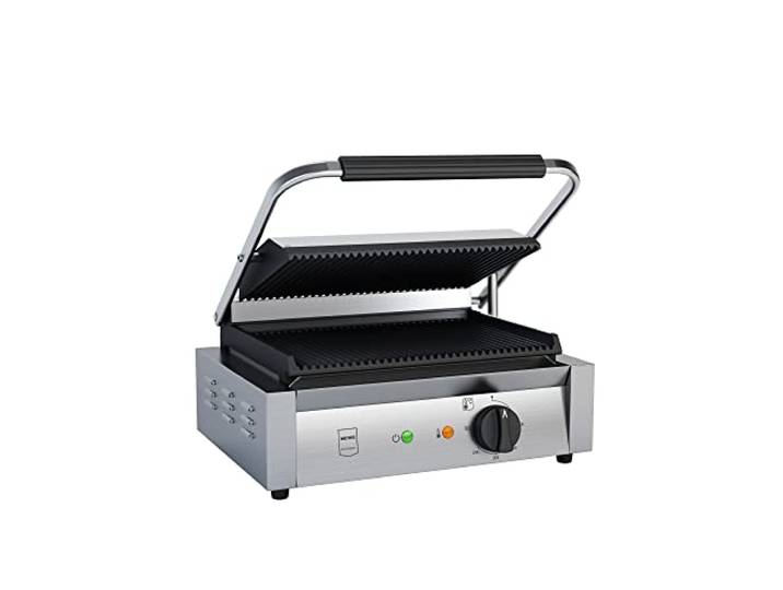 METRO Professional Kontaktgrill SINGLE GPG1201, 3000 W, Rostfreier Stahl, geriffelte Grillfläche, Fettauffangschale, Antihaftbeschichtung, Tischgrill/Sandwichmaker/Panini, Toasts, Steak, silber
