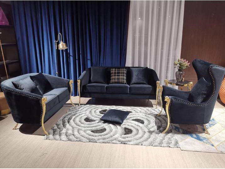 JVmoebel Sofa Goldene Luxus-Sofalandschaft im samtigen Design in Blau, Made in Europa