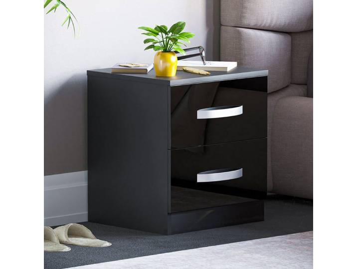 Hulio Table de Chevet 2 Tiroirs Noir Laqué Brillant Meuble de Chambre Moderne 100% FSC