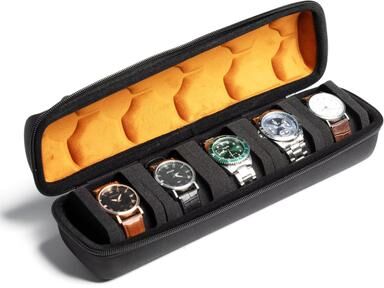 Inspired Finds EliteTime Travel Watch Roll 2 3 5 Slot Hard Organizer Case 5 Slot Hermes Orange