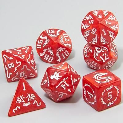 Uplift Essentials 7 Piece Dragon Pattern Marble Polyhedral Dice Set red