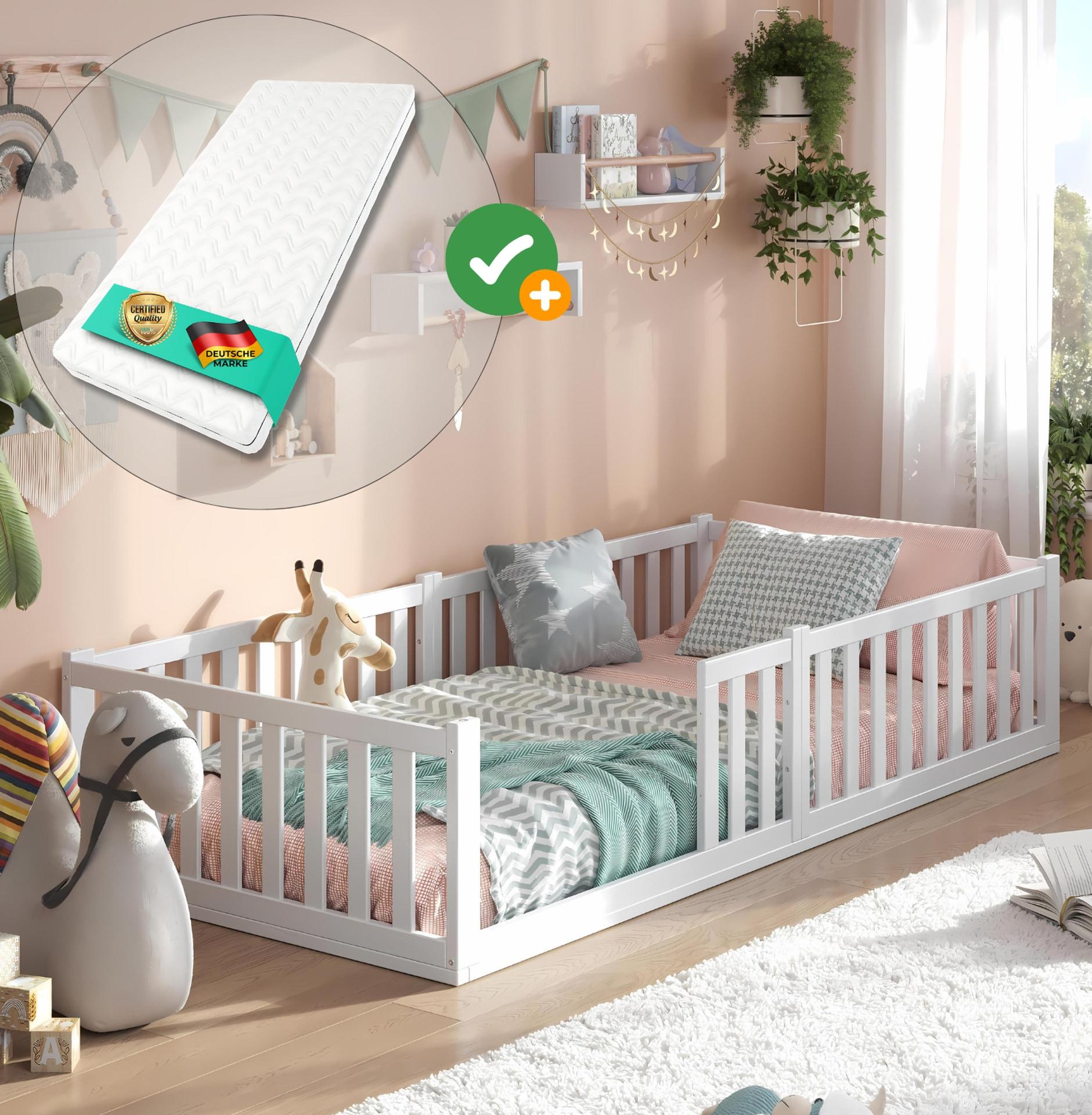 Alavya Home Bodenbett TITAN 90x200 Komplett-Set mit Kindermatratze COZY 90 x 200 cm Kaltschaum, Massivholz Buche, Rausfallschutz
