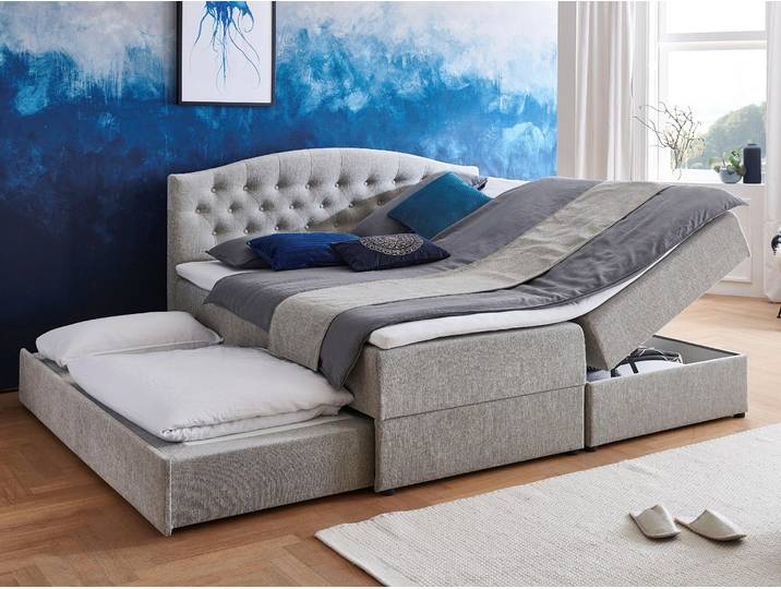 Boxspringbett Lotte , grau (hellgrau), B:182cm L:213cm, Bezug: Strukturstoff (100% Polyester; 100% Acryl);Bezug Matratzenspiegel: Jersey (100% Polyester und Acryl);Bezug Topperspiegel: Jersey (100% Polyester und Acryl);Bezug Kopfeil: Strukturstoff (100% Acryl), ATLANTIC HOME COLLECTION, Komplettbetten, Boxspringbett, mit Topper, Bettkasten und Gästebett