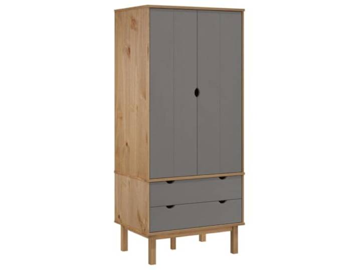 HBBMGYD Schrank OTTA braun und grau, 76,5 x 53 x 172 cm, Massivholz, Kiefer Skandinavisches Design, 2 Schubladen, 1 Fach mit Türen, Aufbewahrung von Kleidung, Schuhen und Accessoires, Wandbefestigung