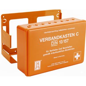Hans-Hepp Verbandskasten Betrieb, DIN 13157, für Betriebe & Zuhause, Kunststoff, orange, mit Wandhalterung