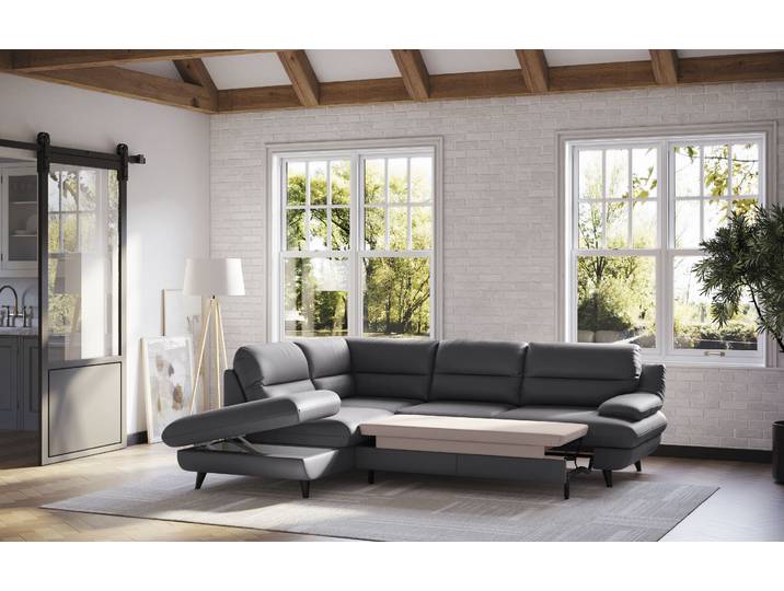 Ecksofa COTTA Pike L-Form, B: 266 cm , grau (schwarz), B:266cm H:90cm T:217cm, GEDECKTES RINDSLEDER, Sofas, Ecksofa, optional Schlaffunktion & Bettkasten