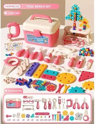 Uplifted Goods Kids Construction Tool Set With Electric Toy Drill 149pcs Pink No Drill