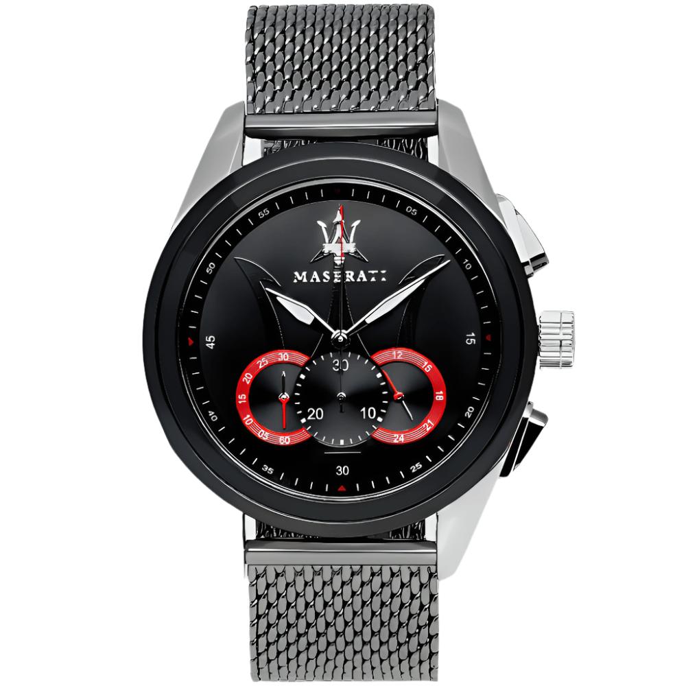 Maserati Traguardo herenhorloge met chronograaf, zwarte wijzerplaat en zilverkleurige mesh armband