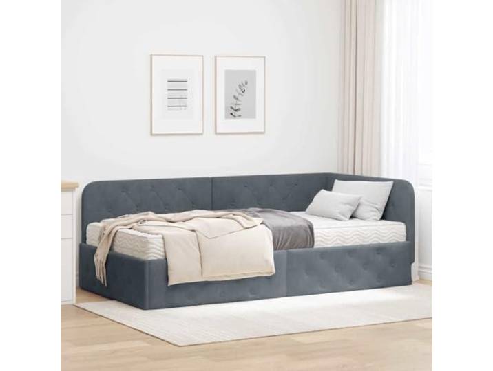 RJPLMFV Eckbettgestell, Velours, Dunkelgrau, 100 x 200 cm Modernes L-Design, Kopfteil umkehrbar, stabile Zwischenplatte, Latten, ideal für kleine Wohnungen