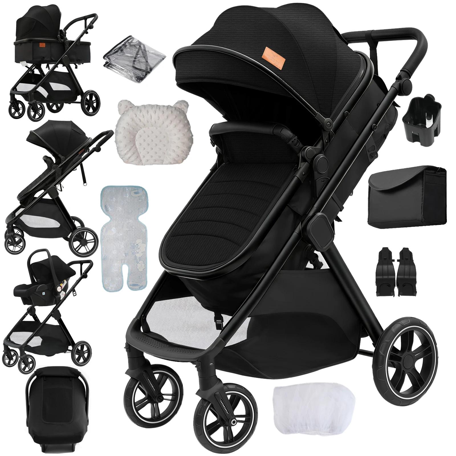 3-in-1-Kinderwagen - V10-Reisesystem - Zusammenklappbar - Wendeeinheit - Verstellbare Rückenlehne - Federung - Leinenbezug - Schwarz
