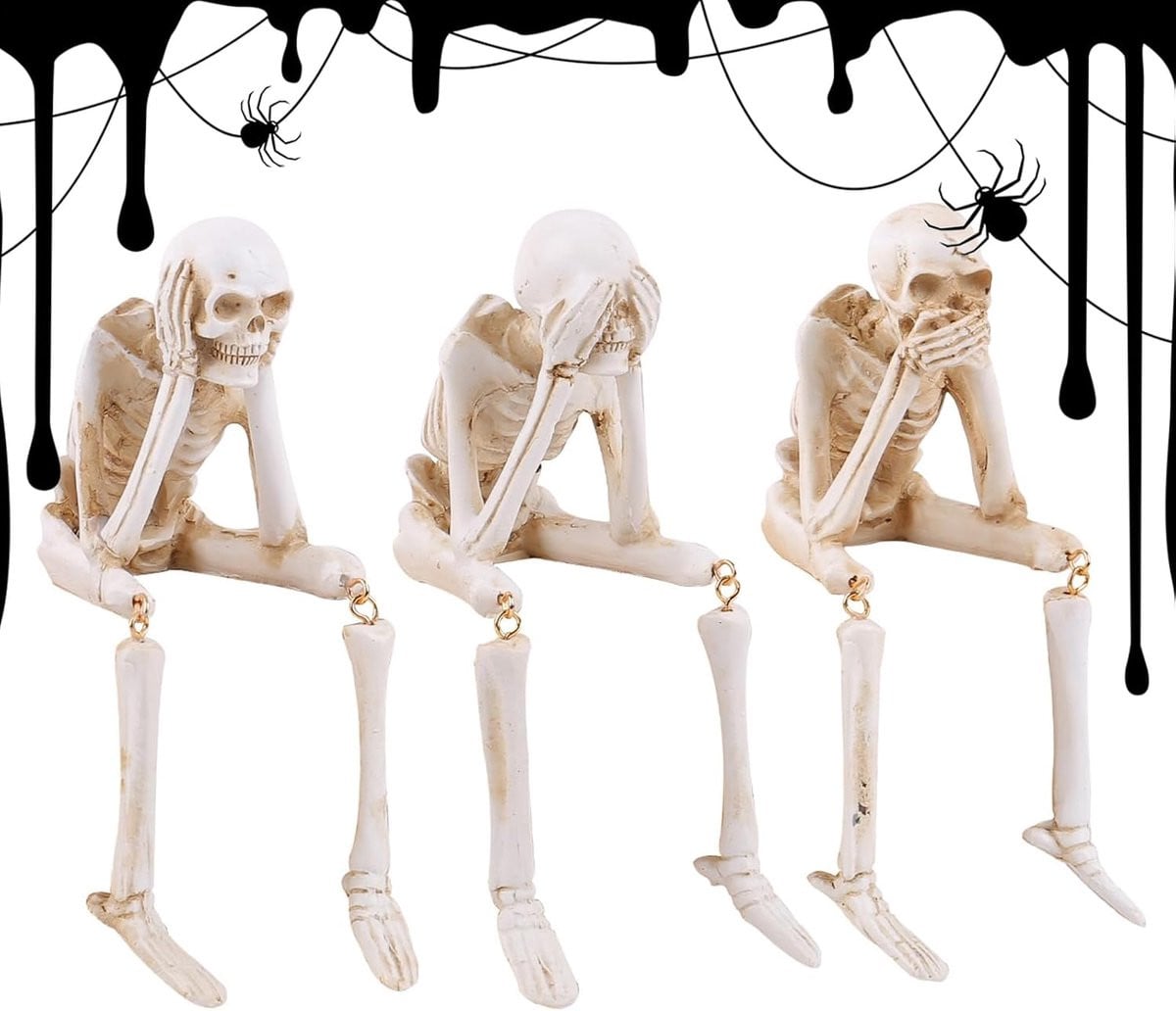 Set van 3 unieke skeletten decoratie beelden van robuust hars voor Halloween tabletop decoratie