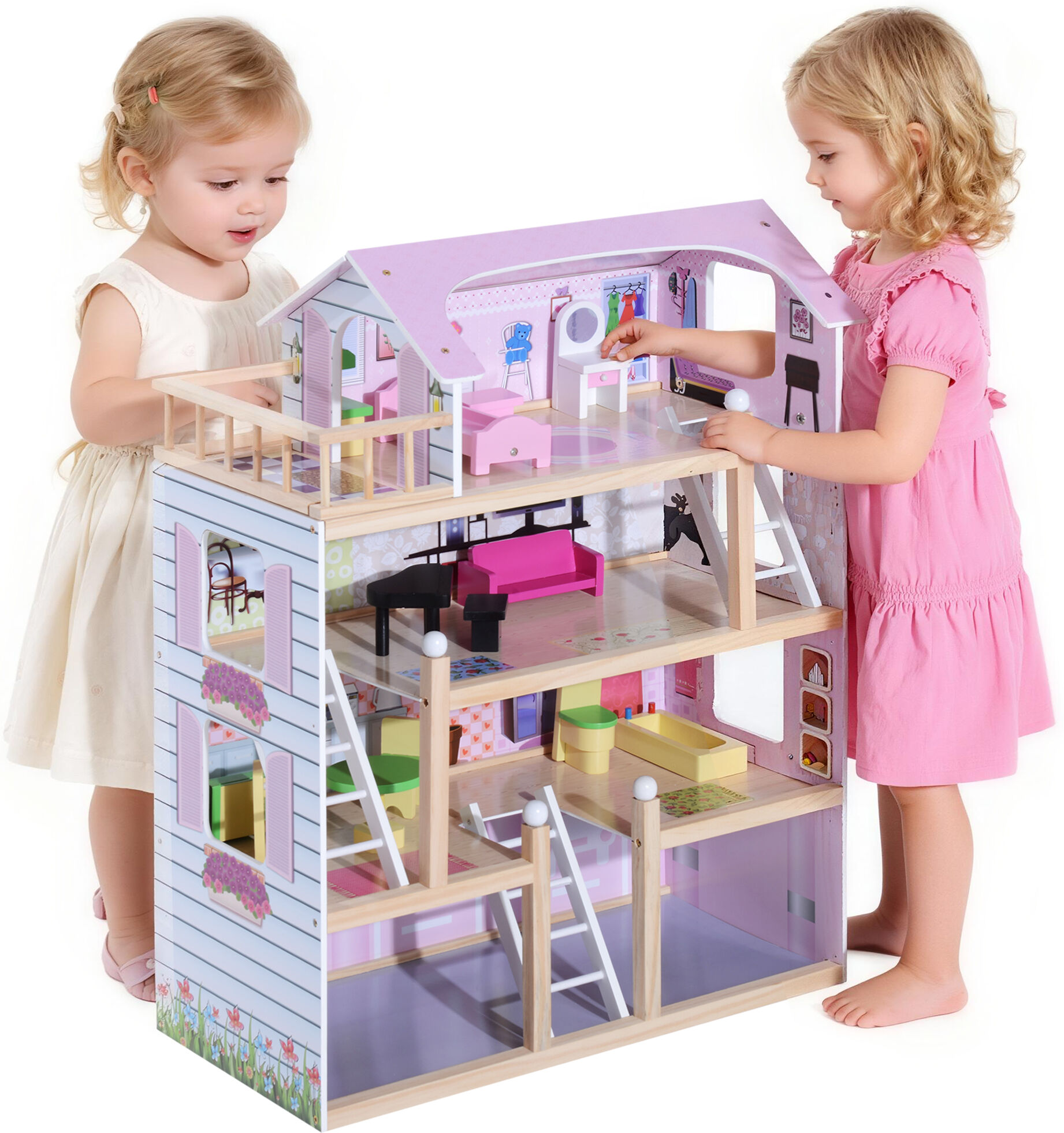 Homcom Casa delle Bambole in Legno a più Piani  con Accessori, Rosa, 60x30x80cm Aosom