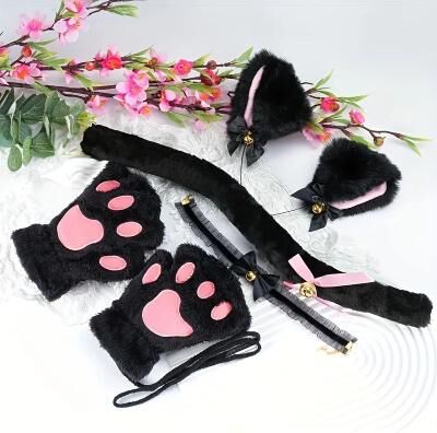 Uplift Essentials Cat Paw Gloves And Headband Set For Winter Cosplay And Cute Outdoor Wear 5 piece Set In Black