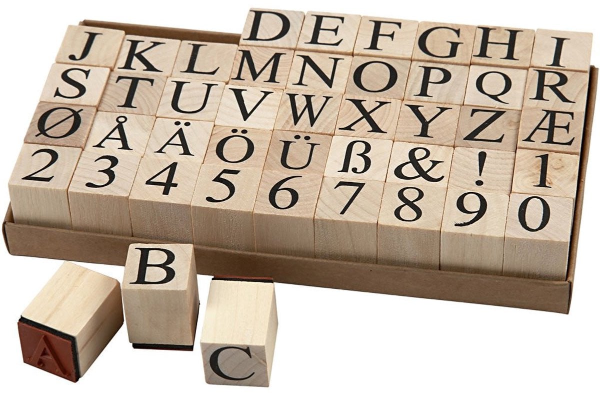 Houten Stempels Set met 45 diverse alfabet stempels voor creatief knutselen, 15 mm hoog