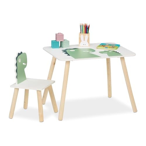 Relaxdays Kindertafel met stoeltje Dino, wit-groen