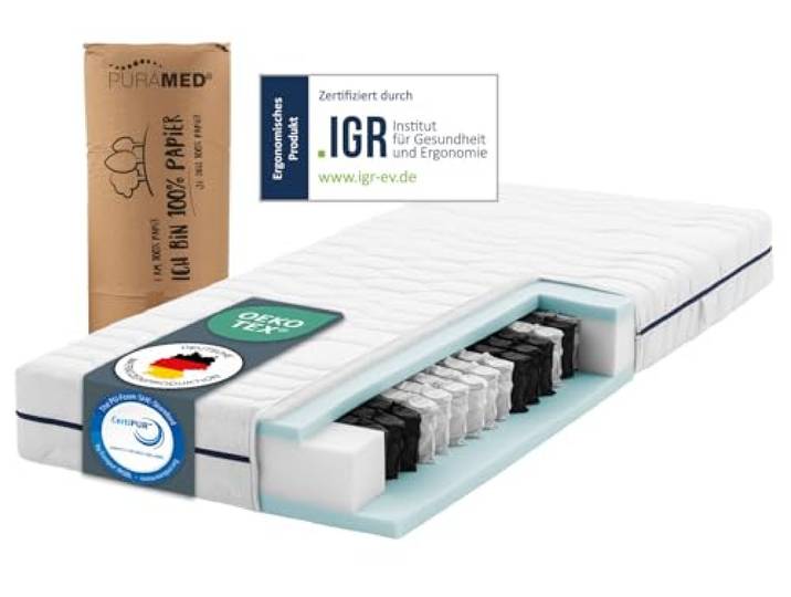 PURAMED Taschenfederkernmatratze 140x200 cm Härtegrad H2 Höhe 20 cm ergonomische 7-Zonen Matratze waschbarer Mikrofaser-Bezug Oeko-TEX® & CertiPUR Zertifiziert produziert in Deutschland