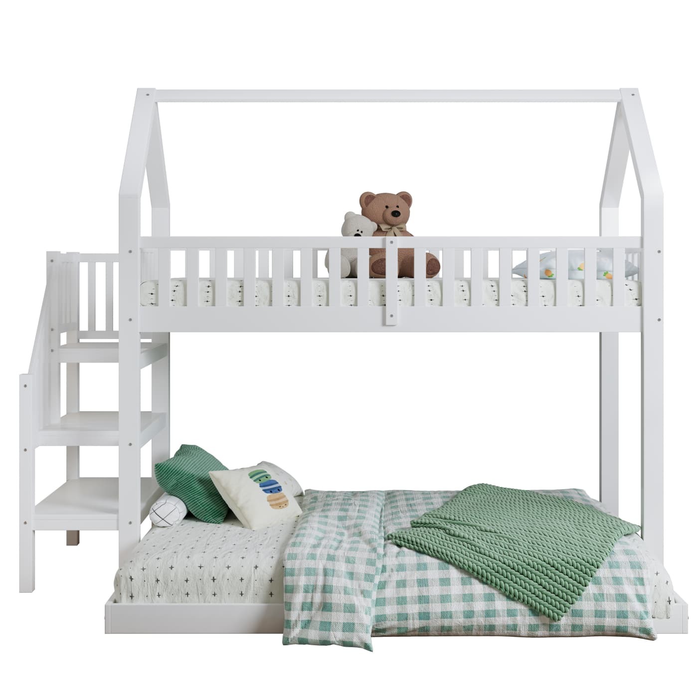 Etagenbett, Hausbett mit Treppe, Kinderbett mit Fallschutz und Gitter, Rahmen aus Kiefer, weiß (90x200&140*190cm)