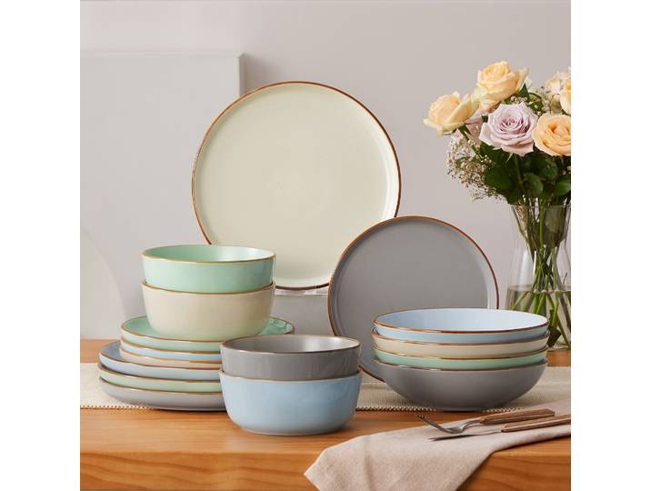 Service de table en grès Vancasso RENO 16/32 pièces, assiettes, vaisselle, multicolore uni avec 4 pièces (assiettes à dîner, assiettes à dessert, bols, soupières)