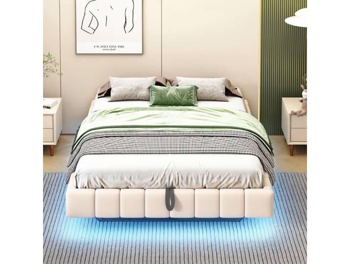 Lit rembourré double 140x200 cm Lit suspendu avec hydraulique rangement Lit coffre avec éclairage LED Sans tête de lit Lin