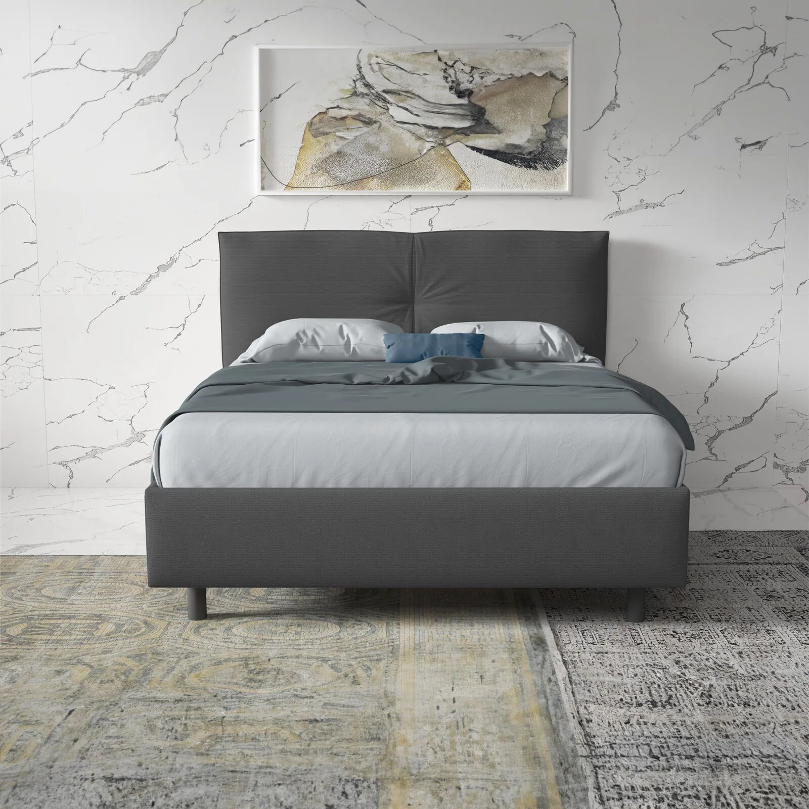 garneroarredamenti Letto 160x195cm matrimoniale imbottito con contenitore antracite Ardesia