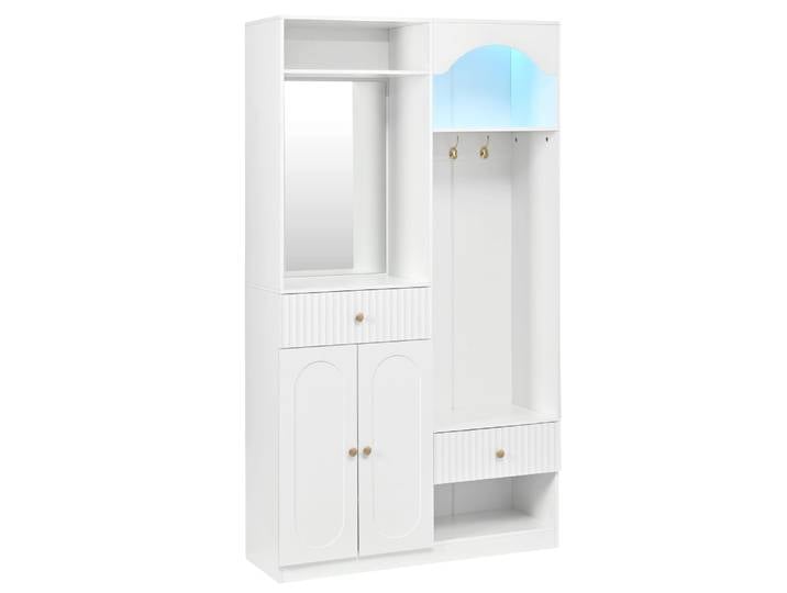 Vestiaires à l'entrée blanc avec miroir et éclairage led accent doré