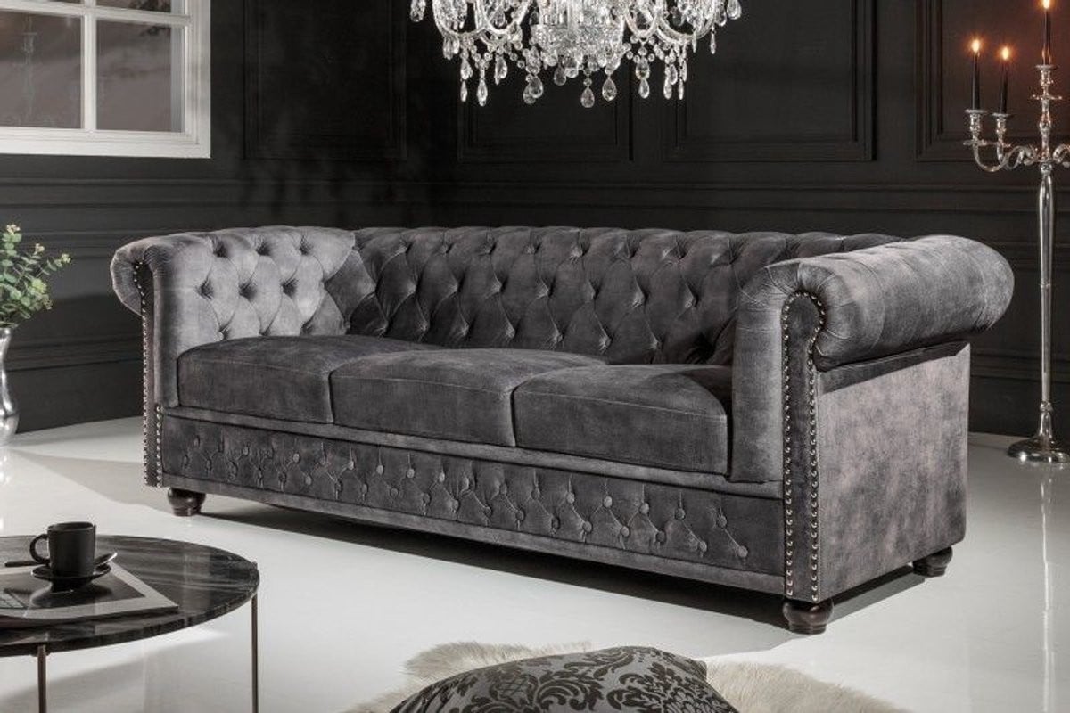 Chesterfield 3-zitsbank grijs fluweel met knoopstiksel en veerkern, Breedte: 205 cm