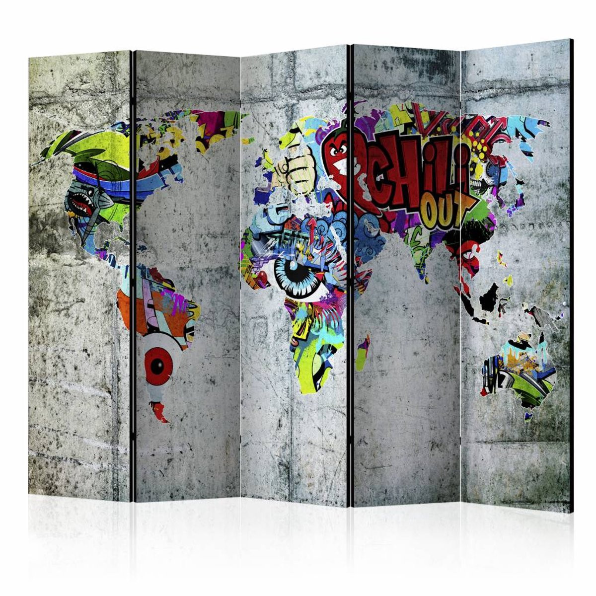 Dubbelzijdig geprint vouwscherm Graffiti Wereld B: 225 cm, H: 172 cm