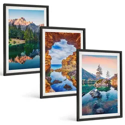 BILDER SET 3er Set - 40x60 cm Schwarzer Rahmen - Spiegelungen der Felsen in Bergseen