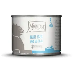 MJAMJAM Leckere Mahlzeit 200g Dose Katzennassfutter Sparpaket 12 x 200 Gramm zarte Ente & Geflügel an leckeren Möhrchen