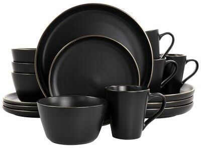 Elama Stoneware Dinnerware 16 Piece Set in Black with Gold Rim