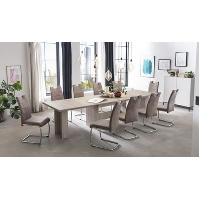 Essgruppe HELA "Lia, 11tlg. Sitzgruppe, Extra viel Platz", braun (sandeiche, beige, beige, chrom), Microfaser VINTAGE, Einlegeplatte, Sandeiche / Beige, Holzwerkstoff, Sitzmöbel-Sets, Essgruppe, Ausziebar 160 - 300 cm