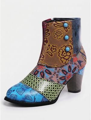 LightInthebox Women's Multi Bohemian Ankle Boots - Embossed Leather Pearl Patchwork Chunky Heel Booties for Music Festivals, Art Galleries Vintage Gatherings