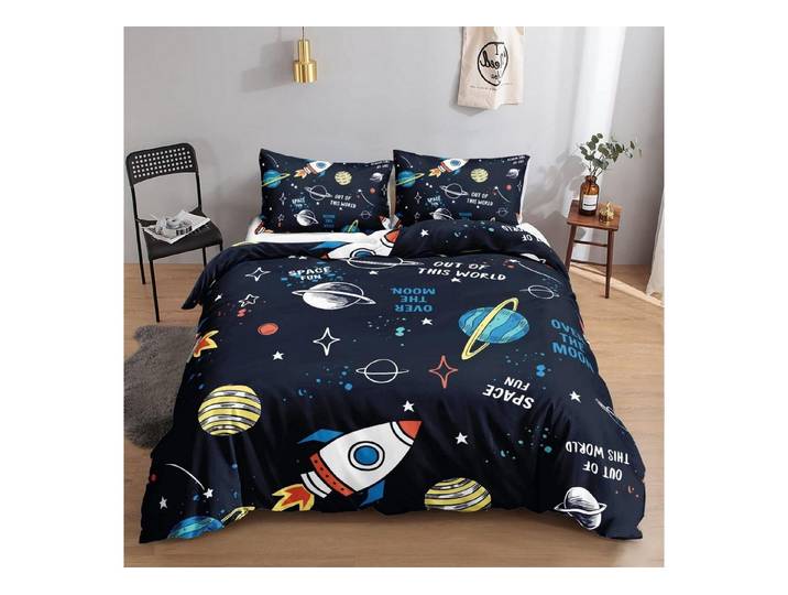 LuxusKollektion Kinderbettwäsche Bettwäsche Kinder Planet Rakete 155x220/80x80cm schwarz