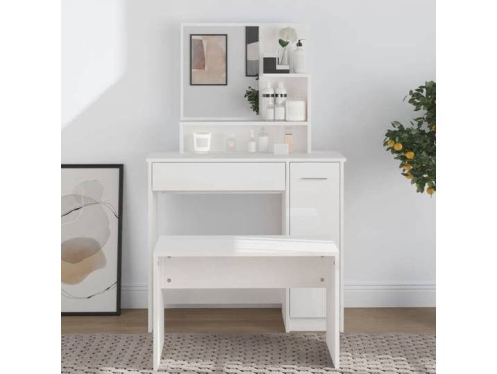 (Blanc)Coiffeuse Maquillage avec miroir blanc brillant 86 5x35x136 cm 466389