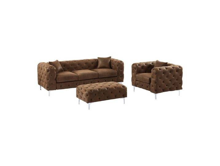 Canapé 3 places fauteuil et pouf chesterfield en microfibre aspect cuir vieilli EDWINA