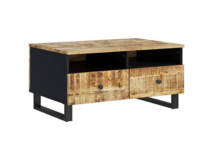 KKgypkn Couchtisch 80x54x40 cm Massivholz Mango 2 Schubladen, 2 Offene Fächer, Stabile Eisenbeine, Einzigartige Holzmaserung