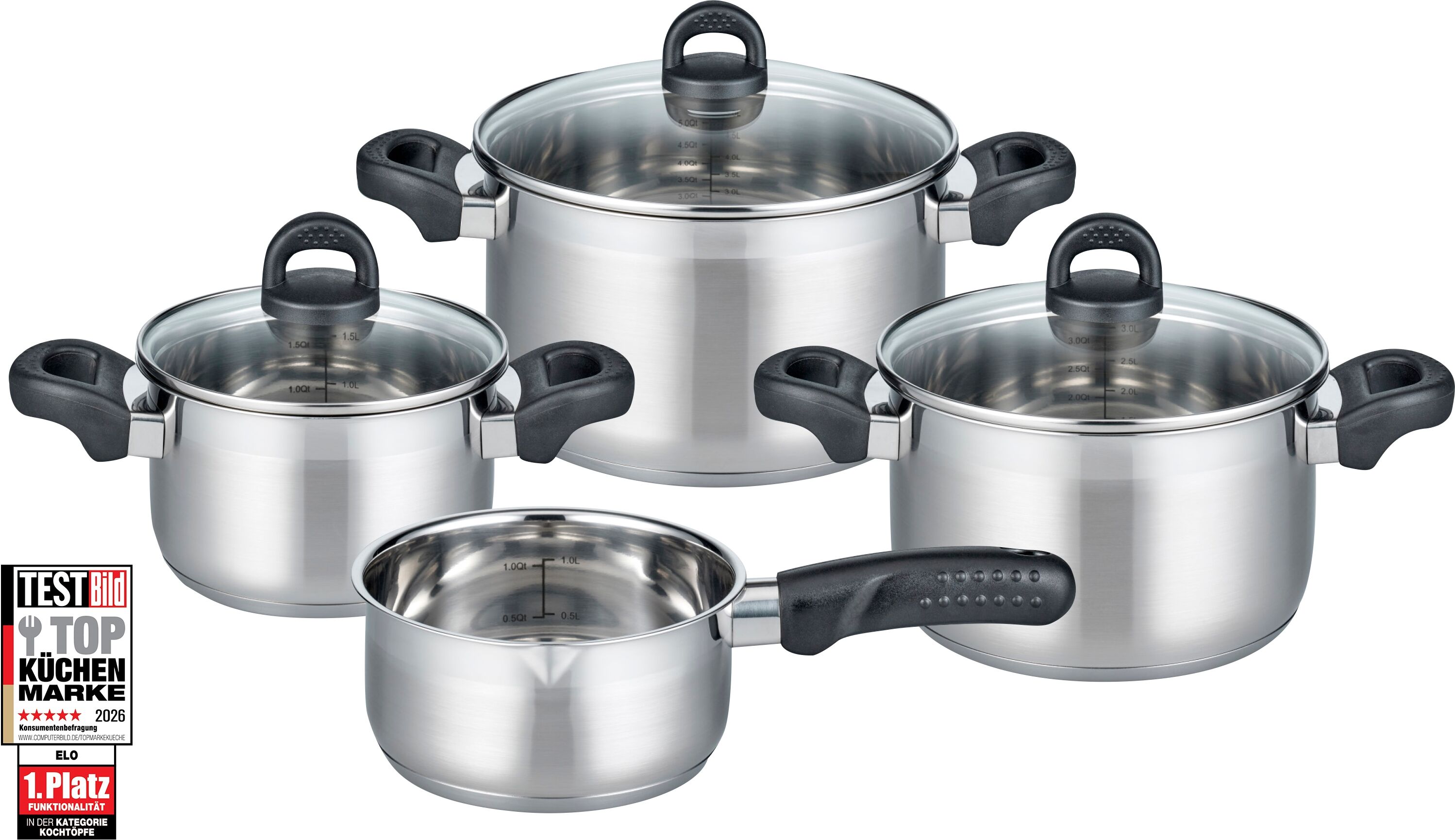 Topf-Set ELO BASIC "Turmalin", silber (edelstahlfarben), Töpfe, Topf-Set, Öl-Dosiersystem, Induktion edelstahlfarben Einheitsgröße
