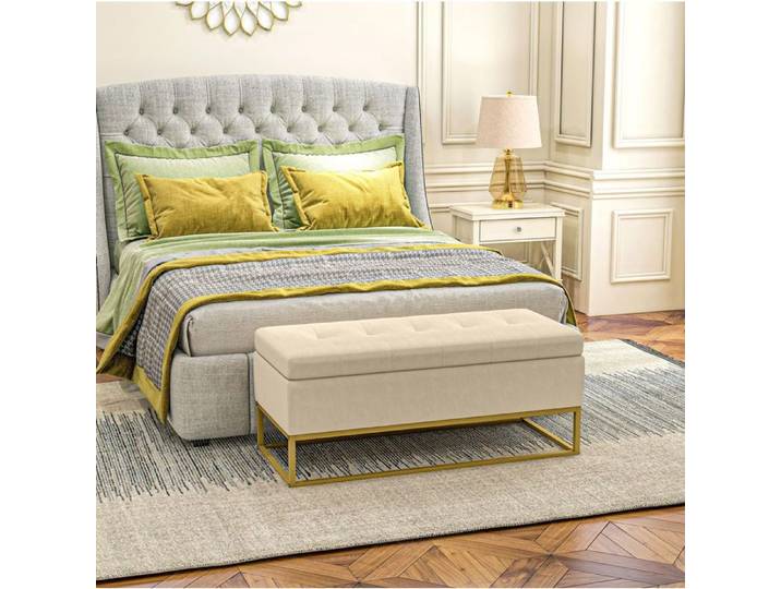Banquette de Rangement Capitonnée avec Coffre et Assise Rembourrée en Polyester Beige 110 × 44 × 49 cm
