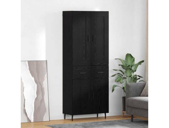 Highboard 2 Stück Schwarz Eichen-Optik Holzwerkstoff mit Aufbewahrungsfächern - Modernes Highboard mit Wandhalterung fürs Wohnzimmer - Stilvolles mit Eisenbeinen - Elegantes