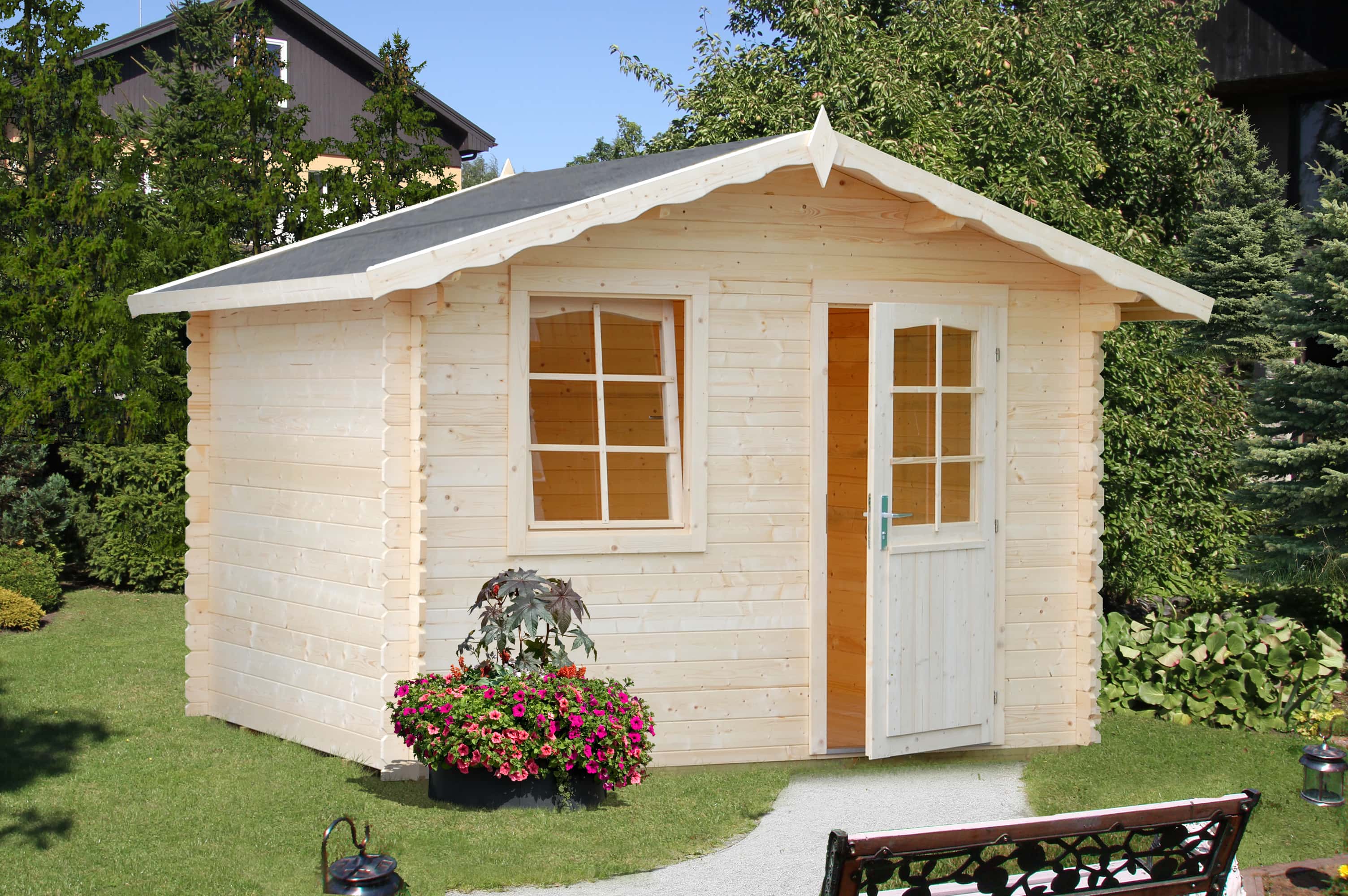 Palmako Gartenhaus Emma 4,6 m² Gartenhaus aus Holz in Imprägnierung Grau, Holzhaus mit 28 mm Wandstärke Blockbohlenhaus