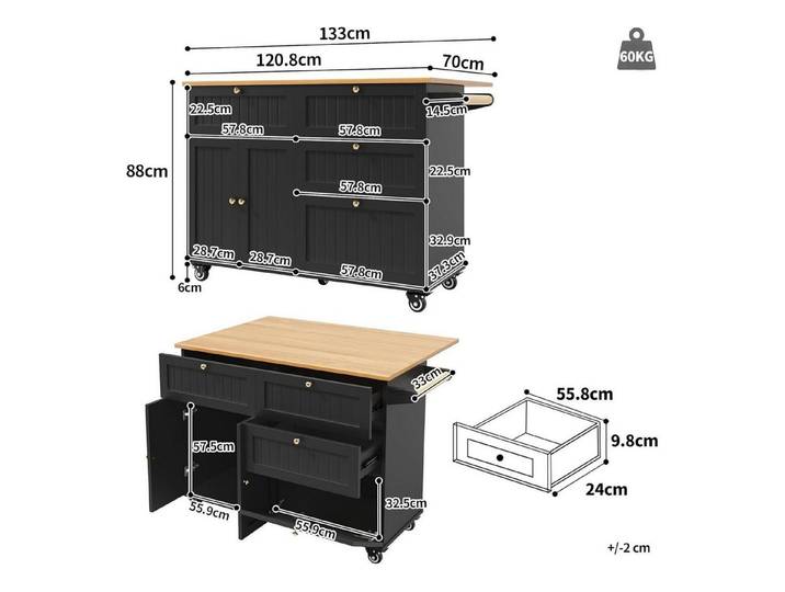 LuxusKollektion Kücheninsel Kücheninsel Buffetschrank Speisewagen Speicherraum Schwarz 133x70x88cm